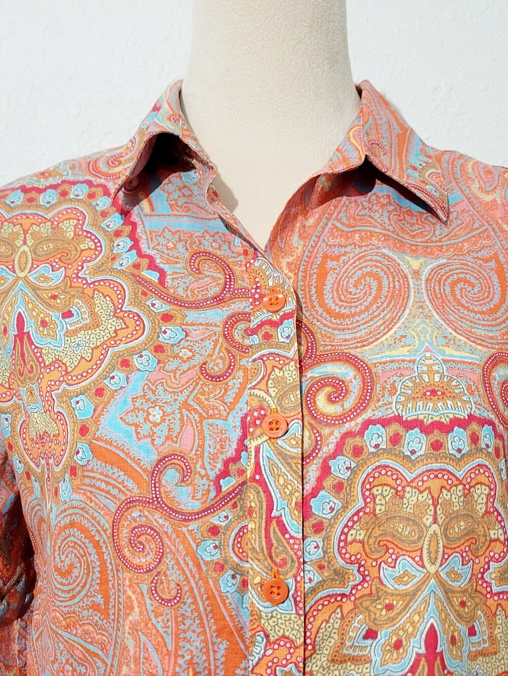 Chico's Size Small 100% Linen Paisley Button Front Shirt Coral Blue 3/4 Sleeve - Picture 3 of 13